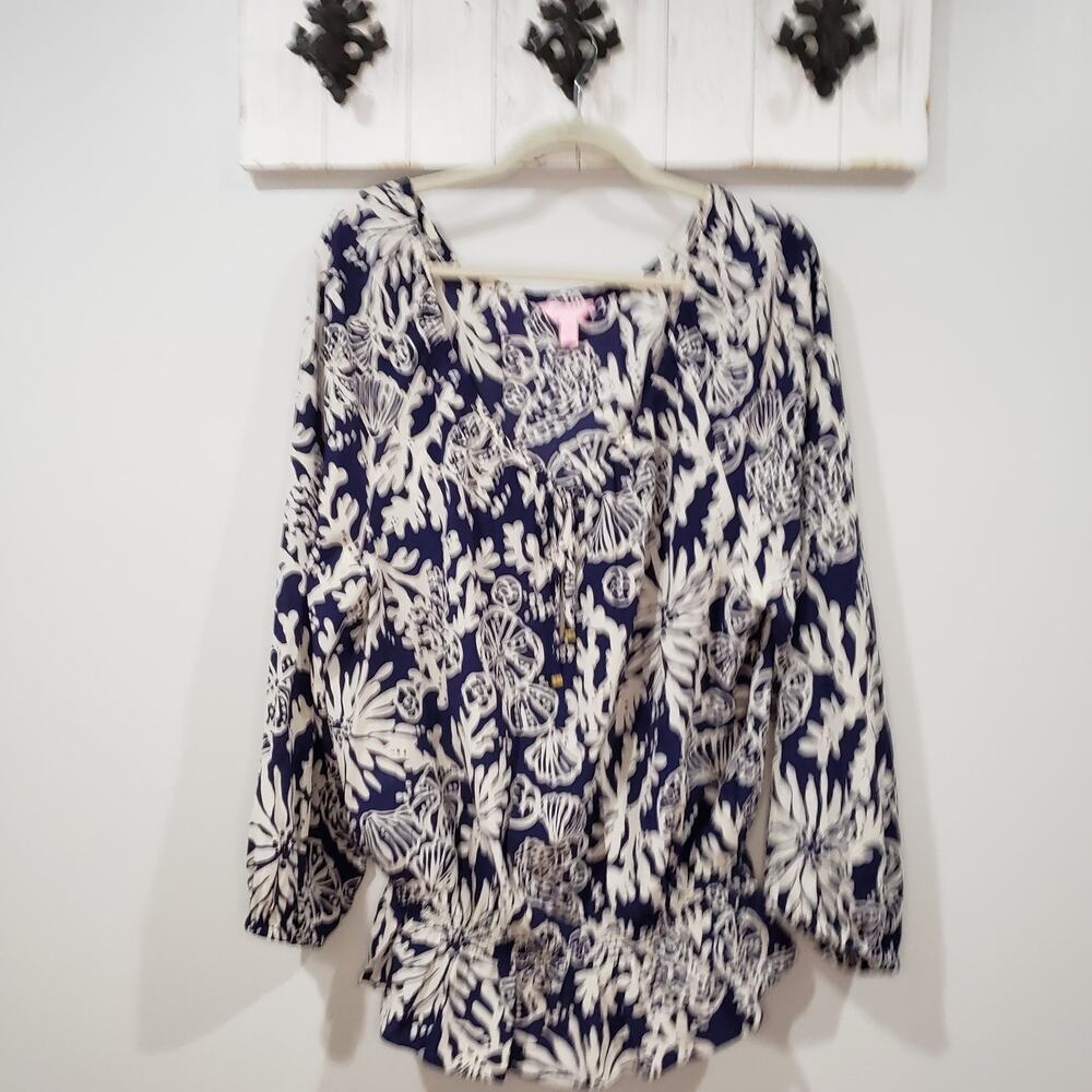 Lilly Pulitzer Silk Peplum Blouse XL Blue Coral Tassel Tie Top